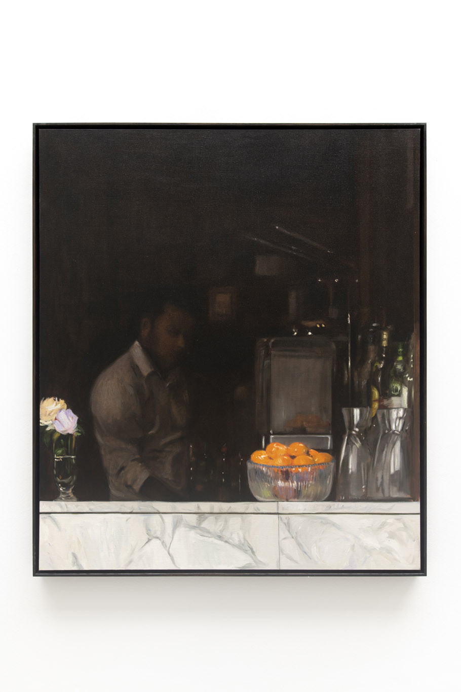 Bilal Hamdad, Sérénité d'une Ombre, reflet d'un barman derrière son bar saisi à travers la fenêtre du café, huile sur toile, 150 x 130 cm, 2024, exposition Reflets, Galerie Templon, Bruxelles, 2024, Boombartstic Art Magazine