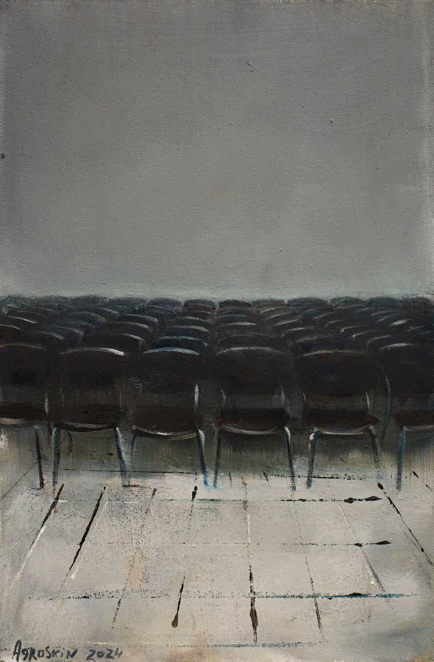 Semyon Agroskin, Hall avec des rangées de chaises vides noires, huile sur toile, 2024, exposition To See and Comprehend, In-Gate Gallery, Bruxelles, 2024