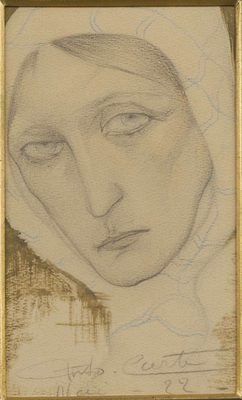 Anto Carte, tête de femme, 1922, Aquarelle, crayon bleu et mine de plomb sur papier. Estimation, 1,200-1,500 euros, vente Symbolisme européen, Bonhams - Cornette de Saint Cyr, Bruxelles, 07 novembre 2024, (c) photo courtesy Bonhams - Cornette de Saint Cyr, Boombartstic Art Magazine