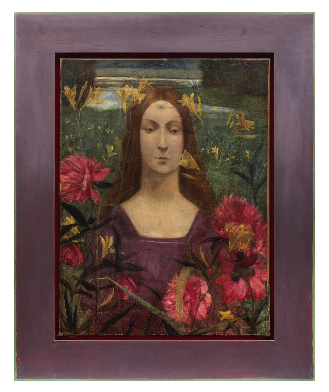 Constant Montald, La Sainte du Marais, huile sur toile, 1893, estimation 9.500 € - 14.000 €, vente Symbolisme européen, Bonhams - Cornette de Saint Cyr, Bruxelles, 07 novembre 2024, (c) photo courtesy Bonhams - Cornette de Saint Cyr, Boombartstic Art Magazine